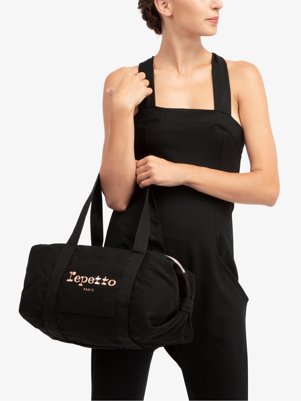 Repetto Black Canvas Duffle Bag / Totebag Baby Pink Ribbon Zipper & Detail